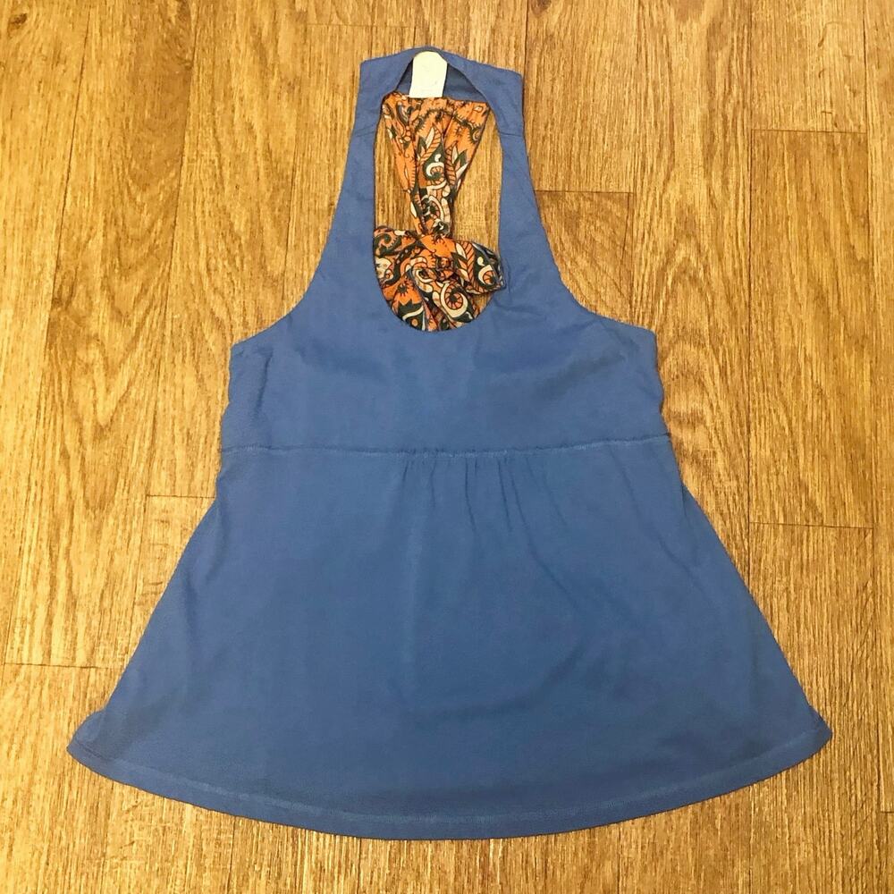 Anthropologie E by Eloise Blue Racerback Tank Top with Orange Scarf Accent Small